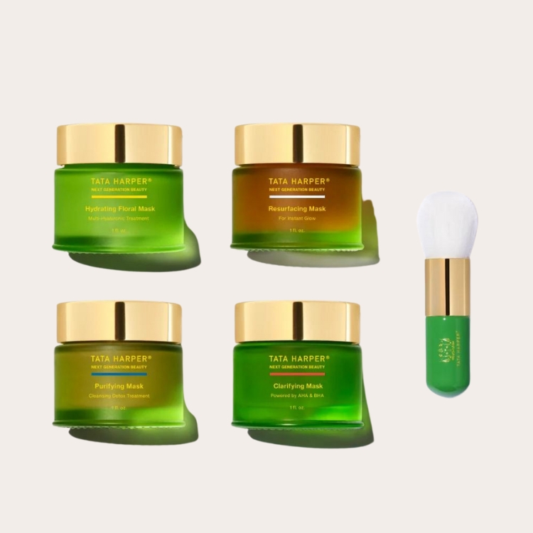 Tata Harper Multi-Masking Set featuring green glass jars.
