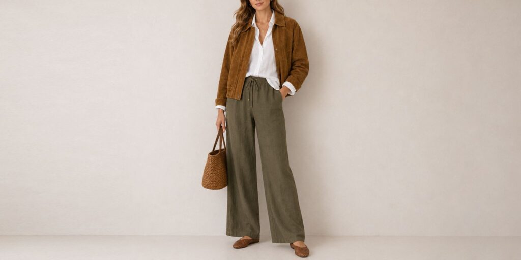 A soft brown suede leather jacket layered over neutral cream-colored knitwear.