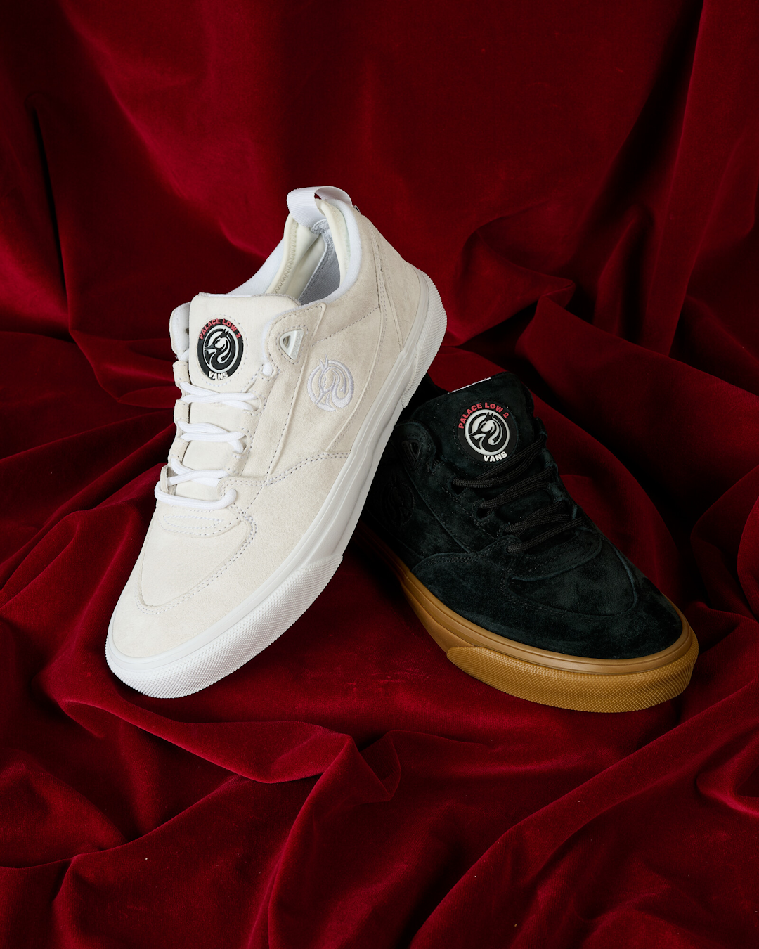 Close-up macro shot of the black suede construction and co-branded tongue of the Vans Low 2.