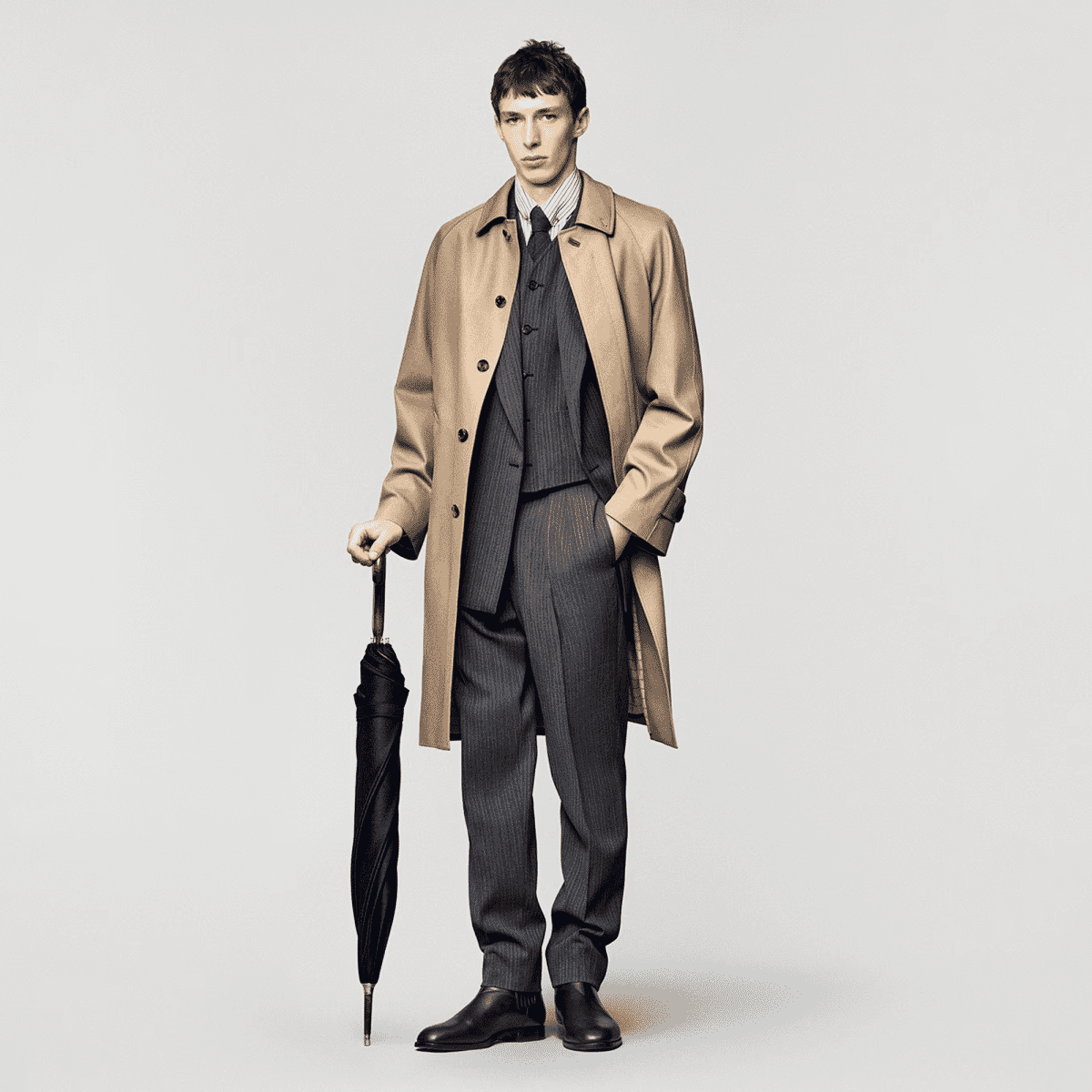 A man in a pinstripe three-piece suit and beige trench coat.