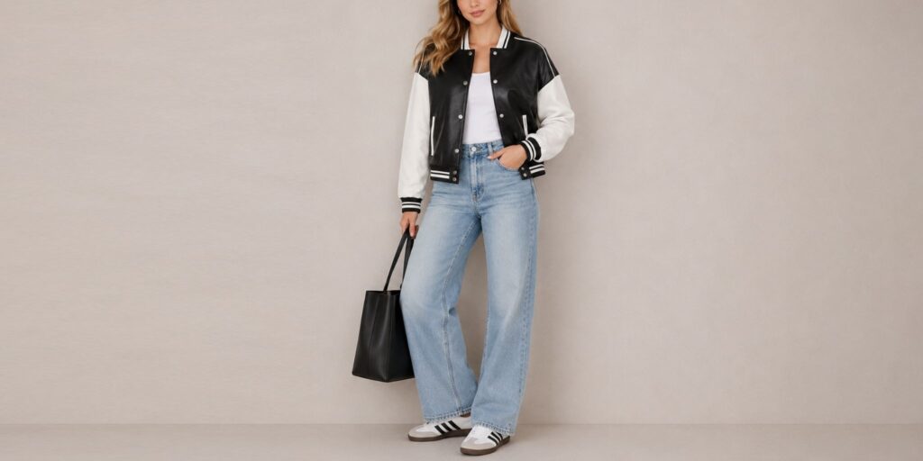 A woman wearing a black leather jacket over a glossy satin midi skirt for textural contrast.