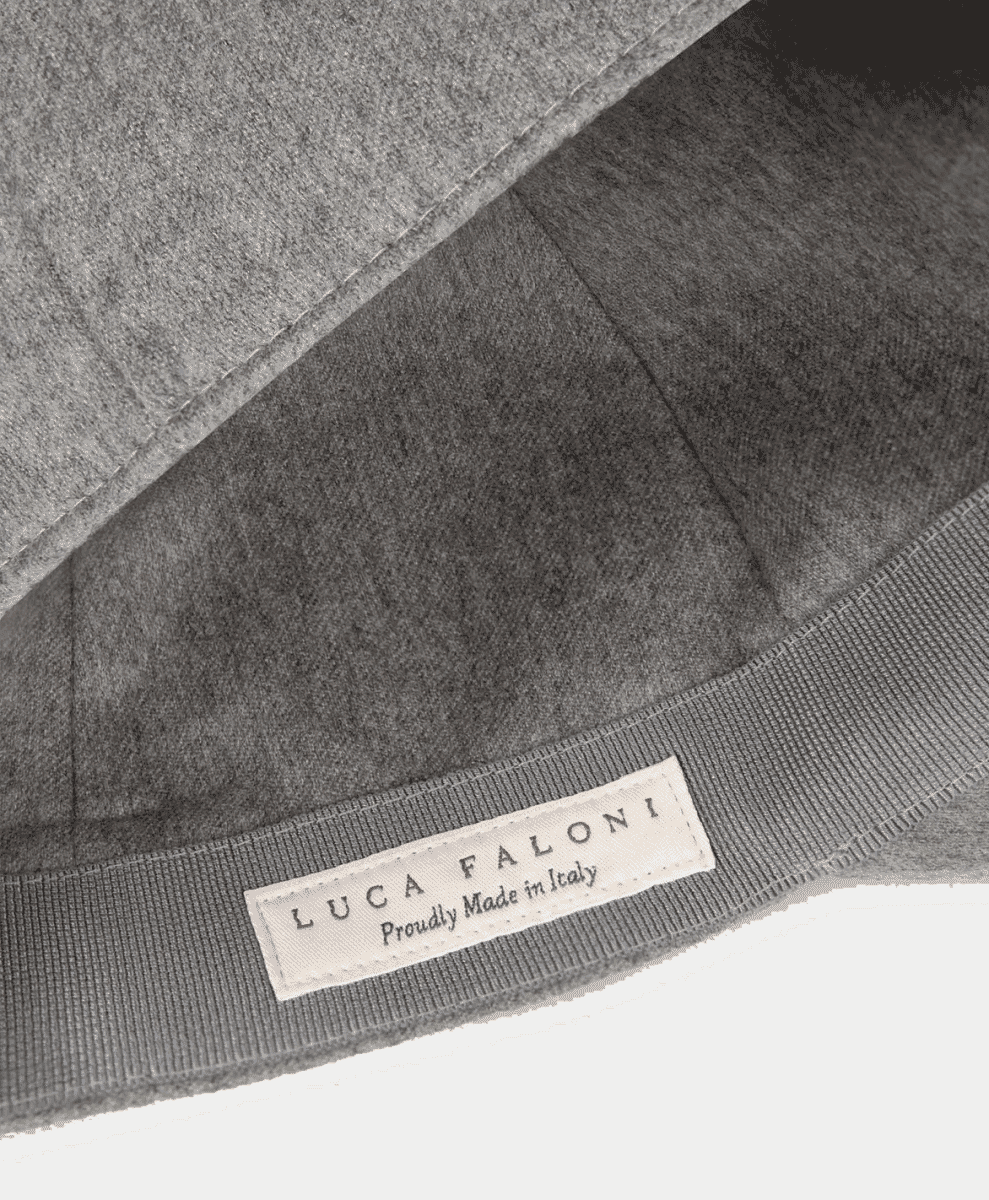 Close-up of the interior of a Luca Faloni cap with a 'Proudly Made in Italy' label.