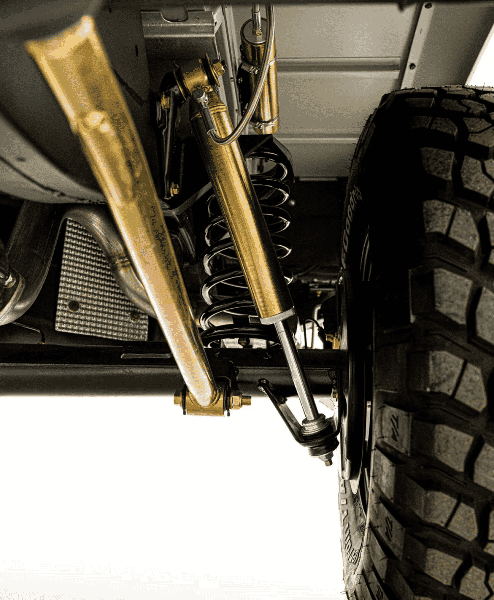 Alternative close-up view of the gold shocks and rugged tire tread.