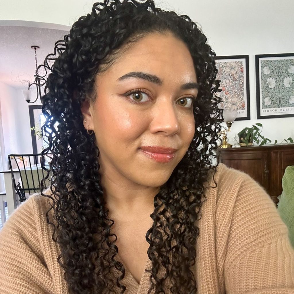 Real-life application of Nudestix Picante, Sunkissed, and eye pencils on a woman's face.