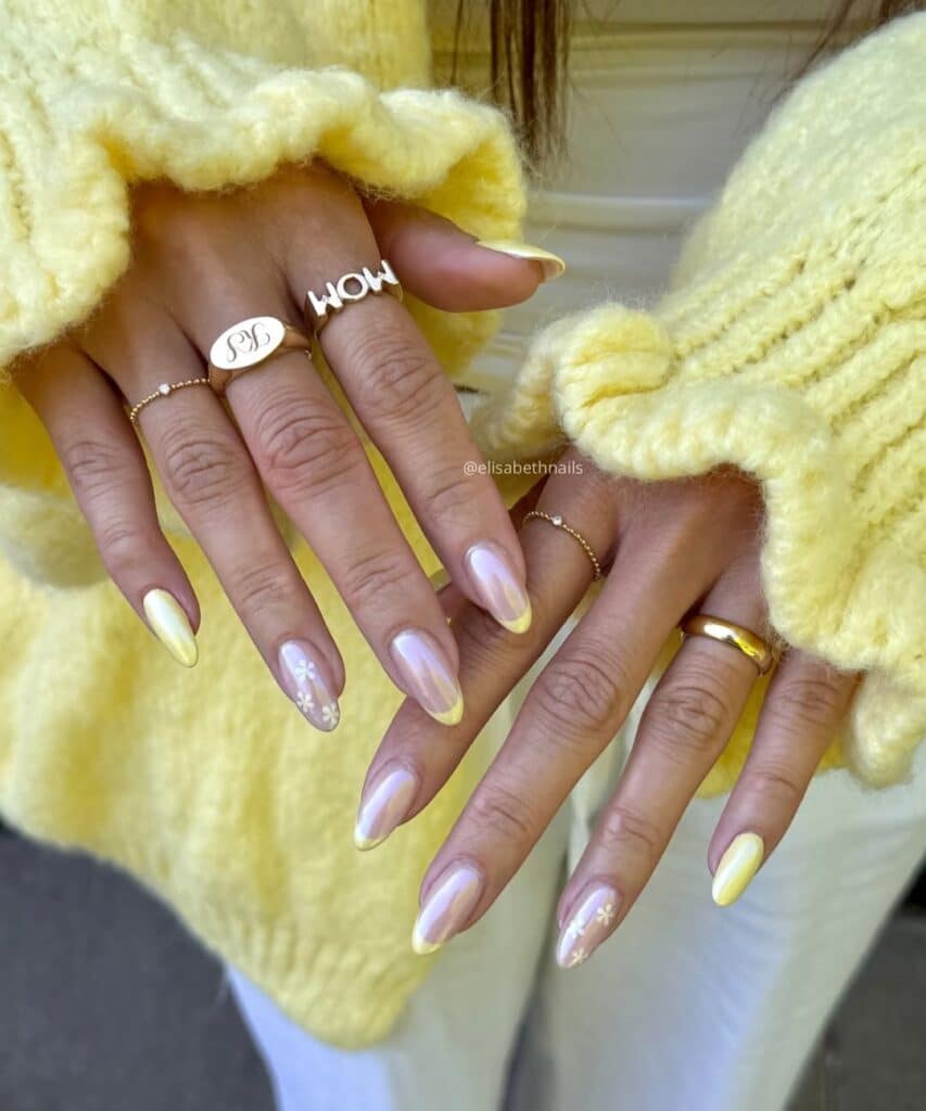 French manicure featuring butter yellow tips on a nude base.