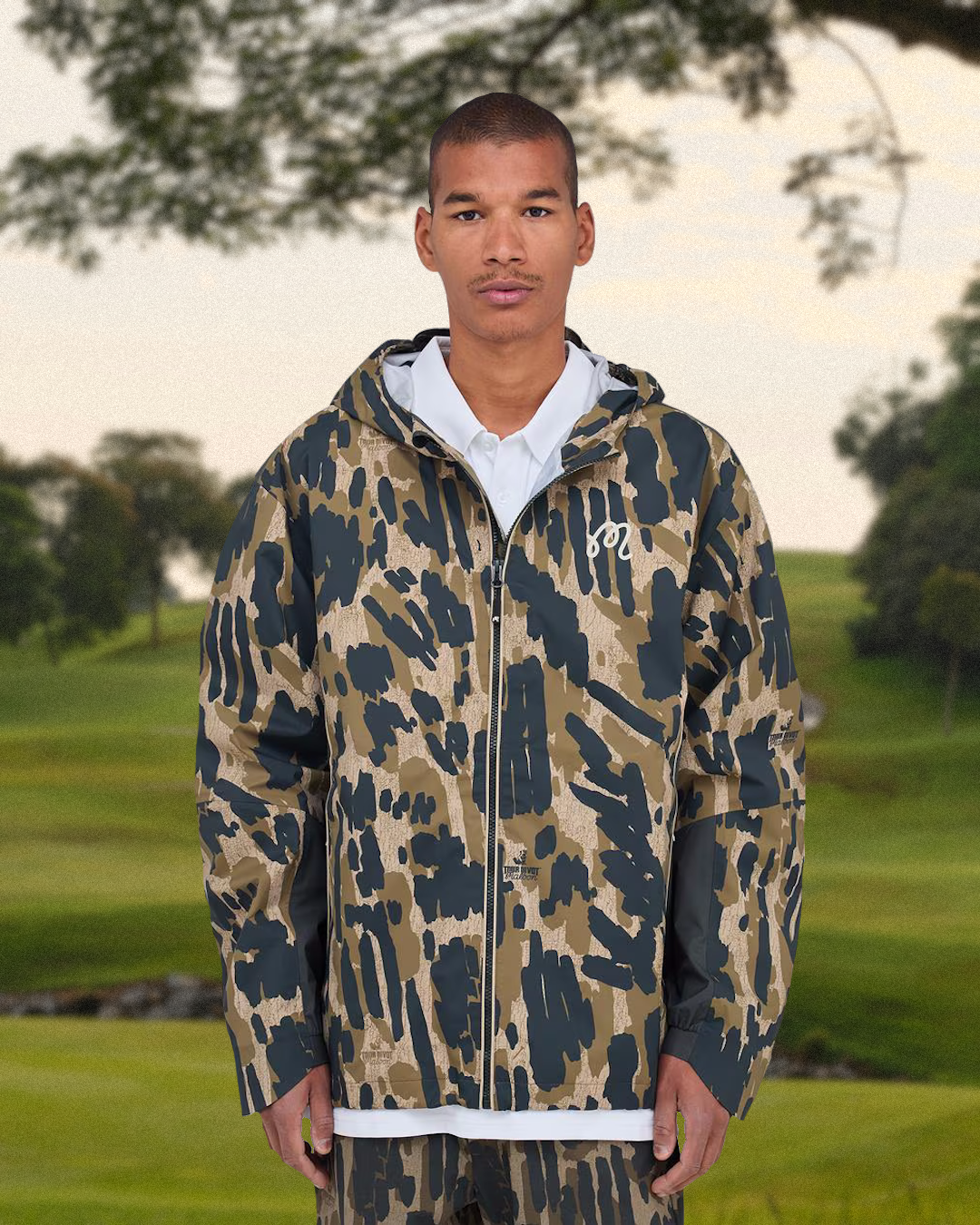 Close-up of technical camo-print performance fabric.