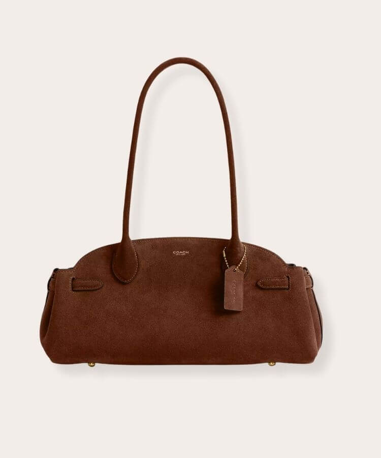 Coach Empire Carryall 34 in espresso suede.