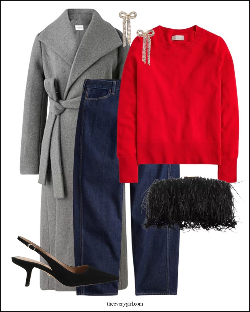 A woman wearing a red sweater paired with dark-wash barrel jeans and sleek kitten heels.