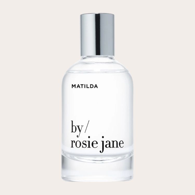 Minimalist clear glass perfume bottle labeled MATILDA by rosie jane.