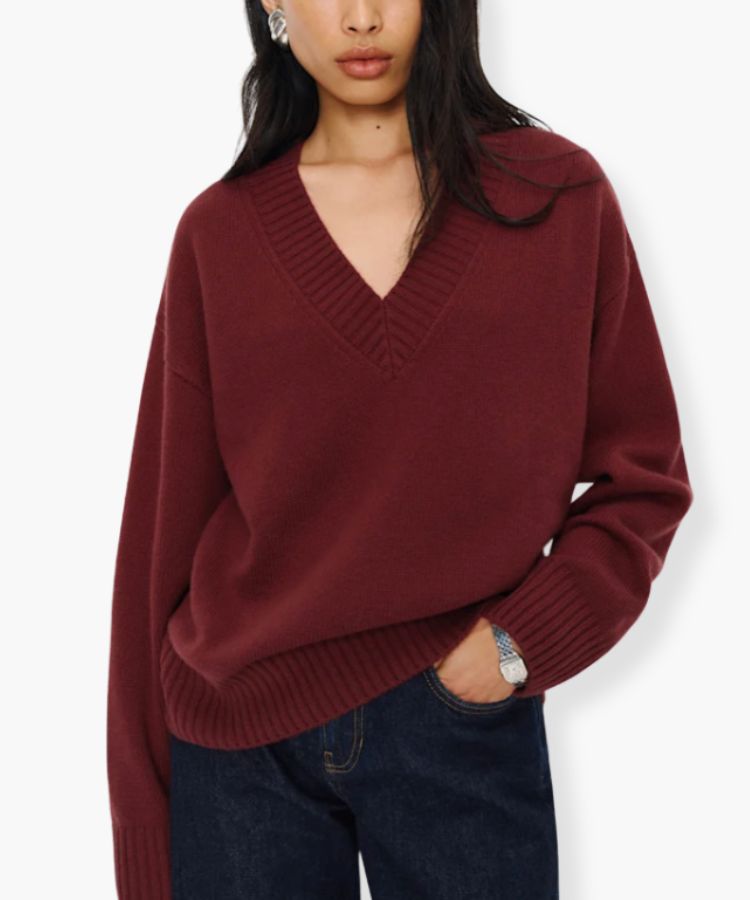 Reformation Jadey Cashmere Oversized V-neck Sweater in red.