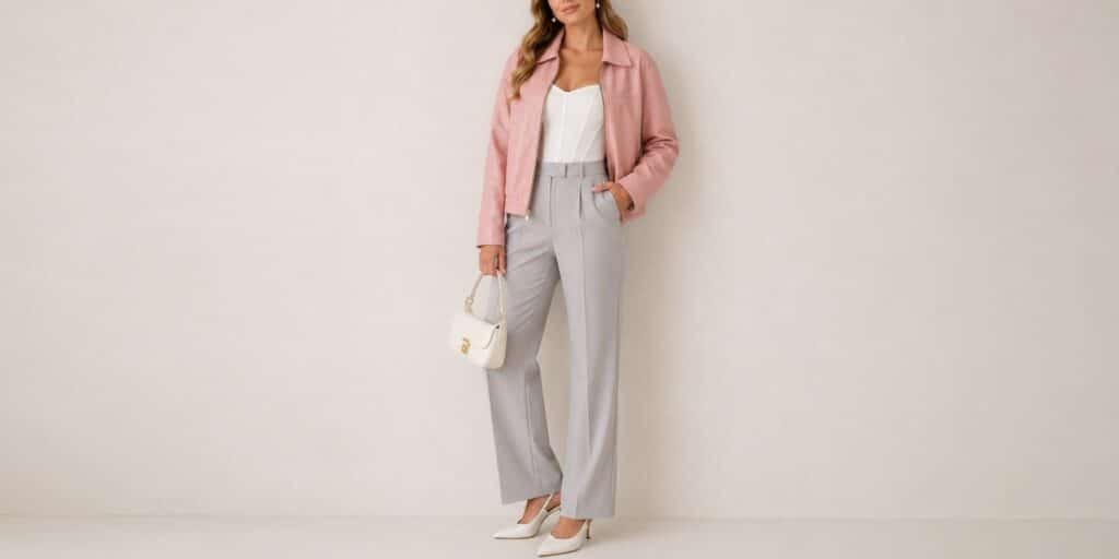A cropped leather jacket paired with high-waisted jeans to emphasize waist proportions.