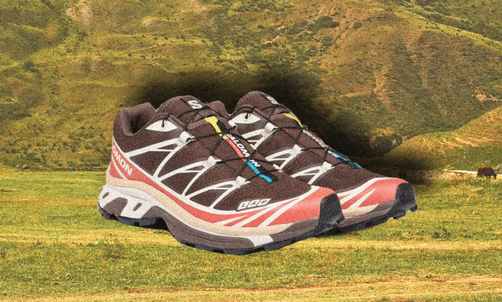 Salomon XT-6 'Roasted Clay' in brown, red, and white on a grassy hill.