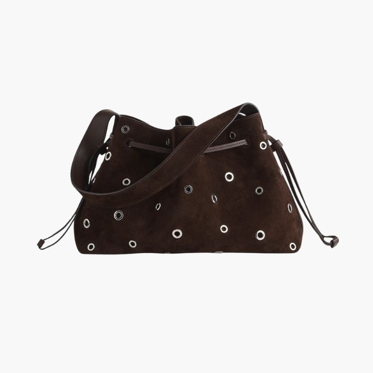 Madewell Drawstring Shoulder Bag in chocolate brown suede.