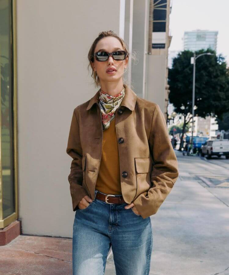 Zara cropped faux-suede trench jacket.