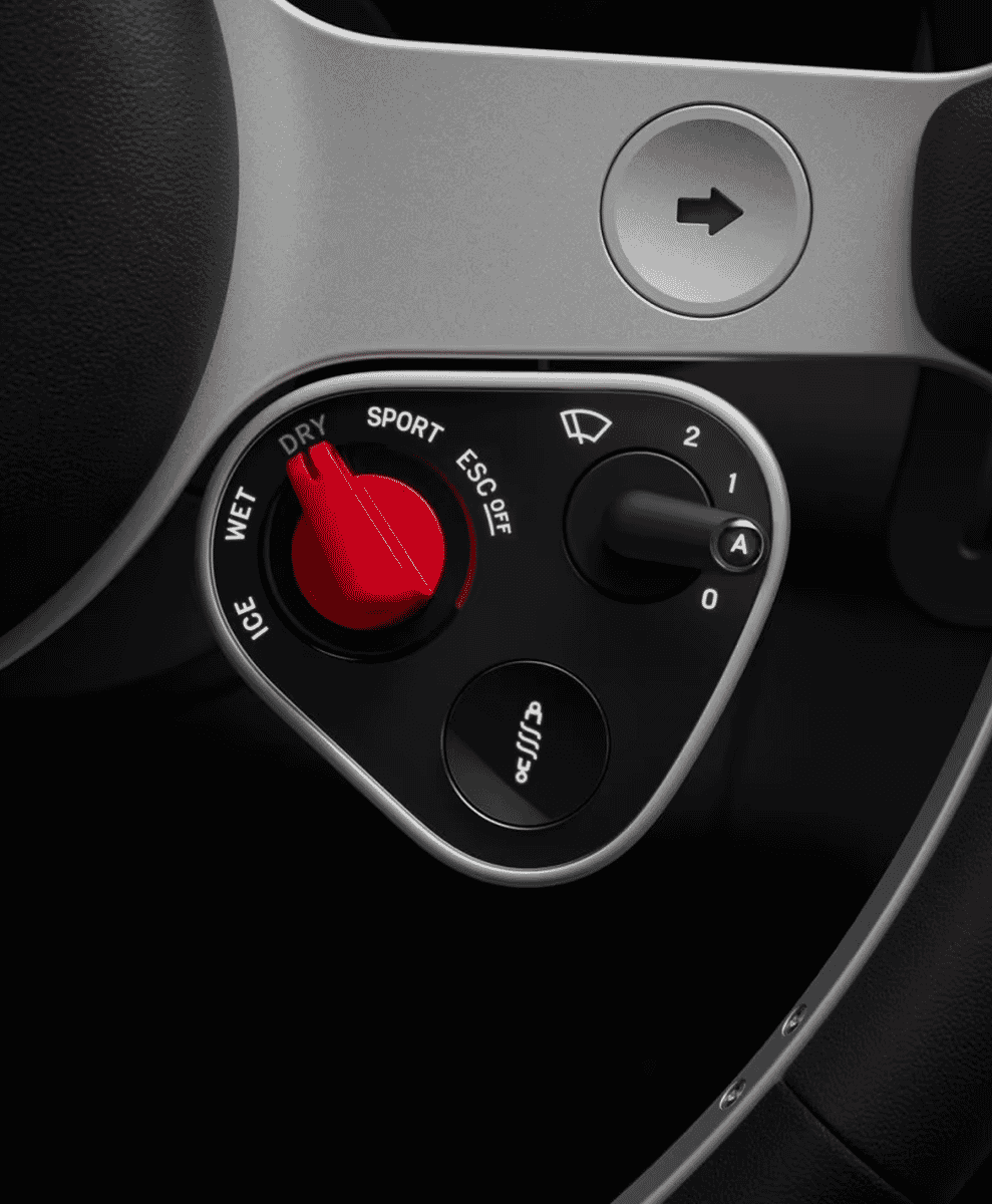 Driver-centric wide-angle interior shot of the Ferrari Luce looking through the cockpit.