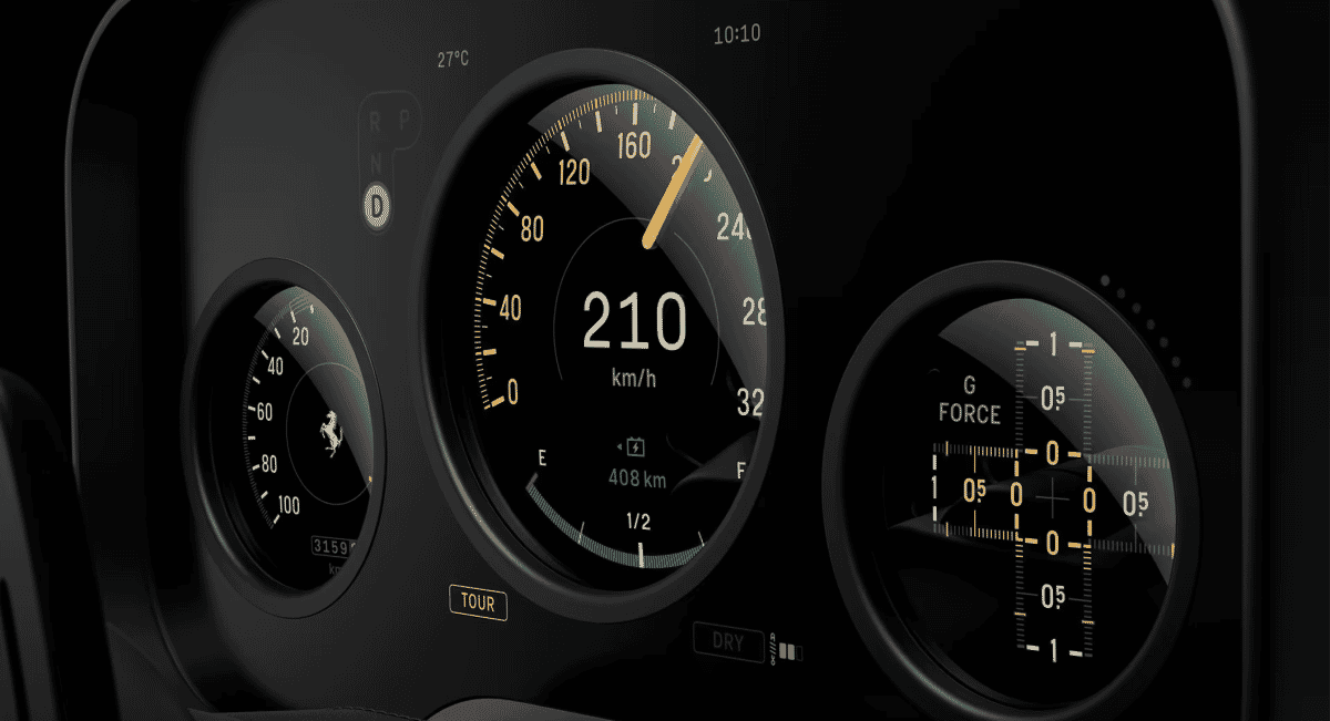 Macro shot of CNC-machined physical toggle switches and the Nardi-inspired steering wheel in the Ferrari Luce.