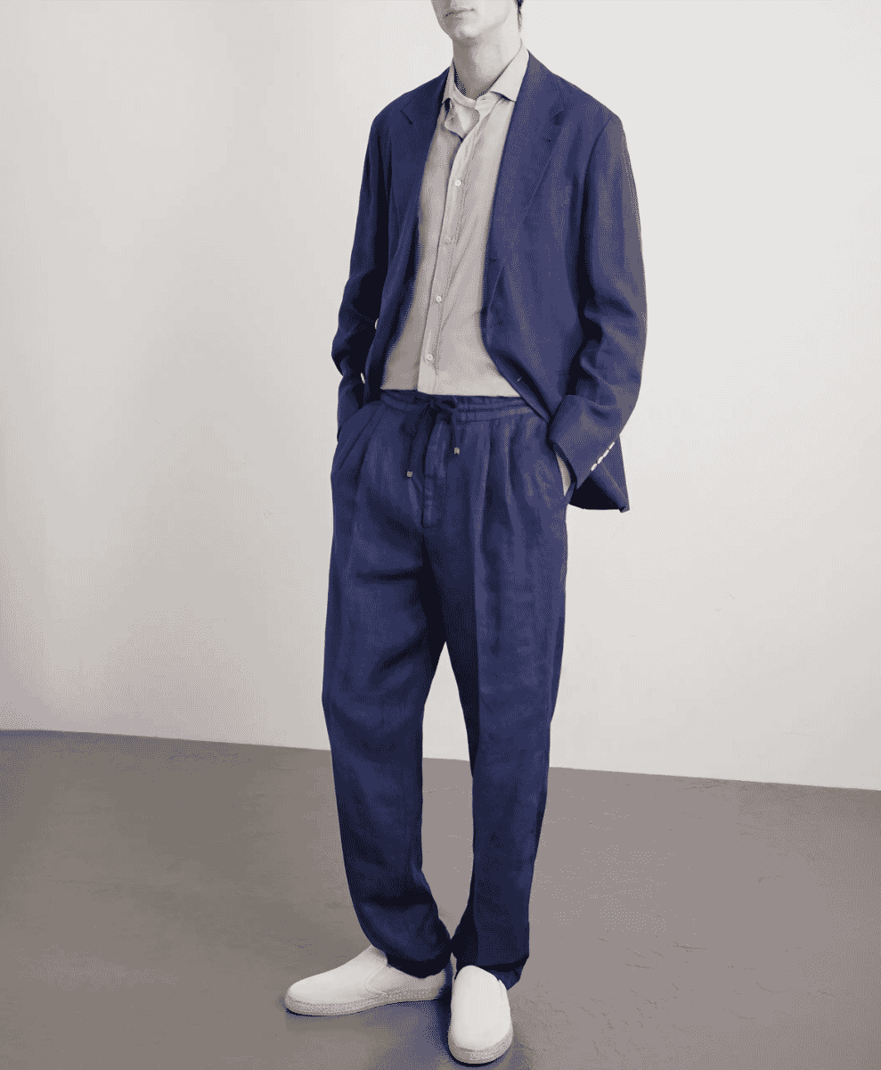 Full look of Brunello Cucinelli luxury linen ensemble including trousers