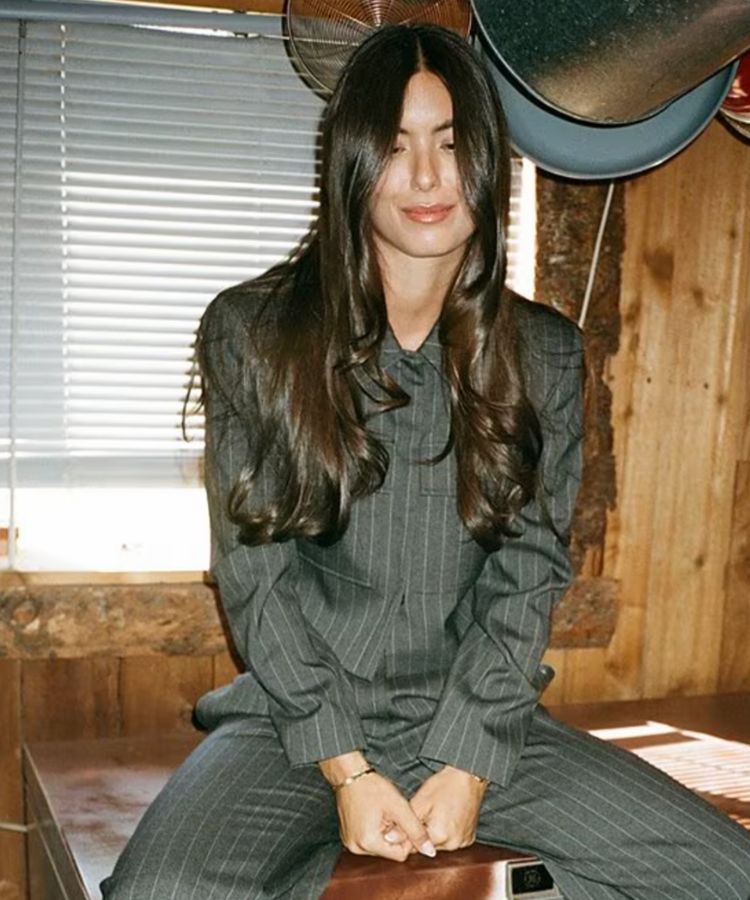 The Drew Stripe Cropped Blazer in pinstripe navy