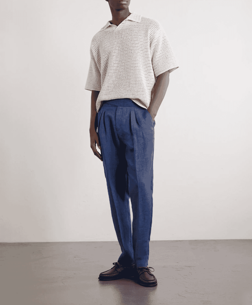 Close-up of MR P. Steve Tapered Pleated Herringbone Linen Trousers