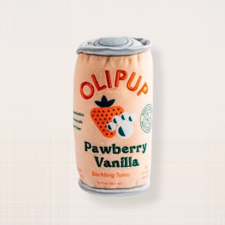 A plush dog toy designed to look like a trendy Olipop soda can.