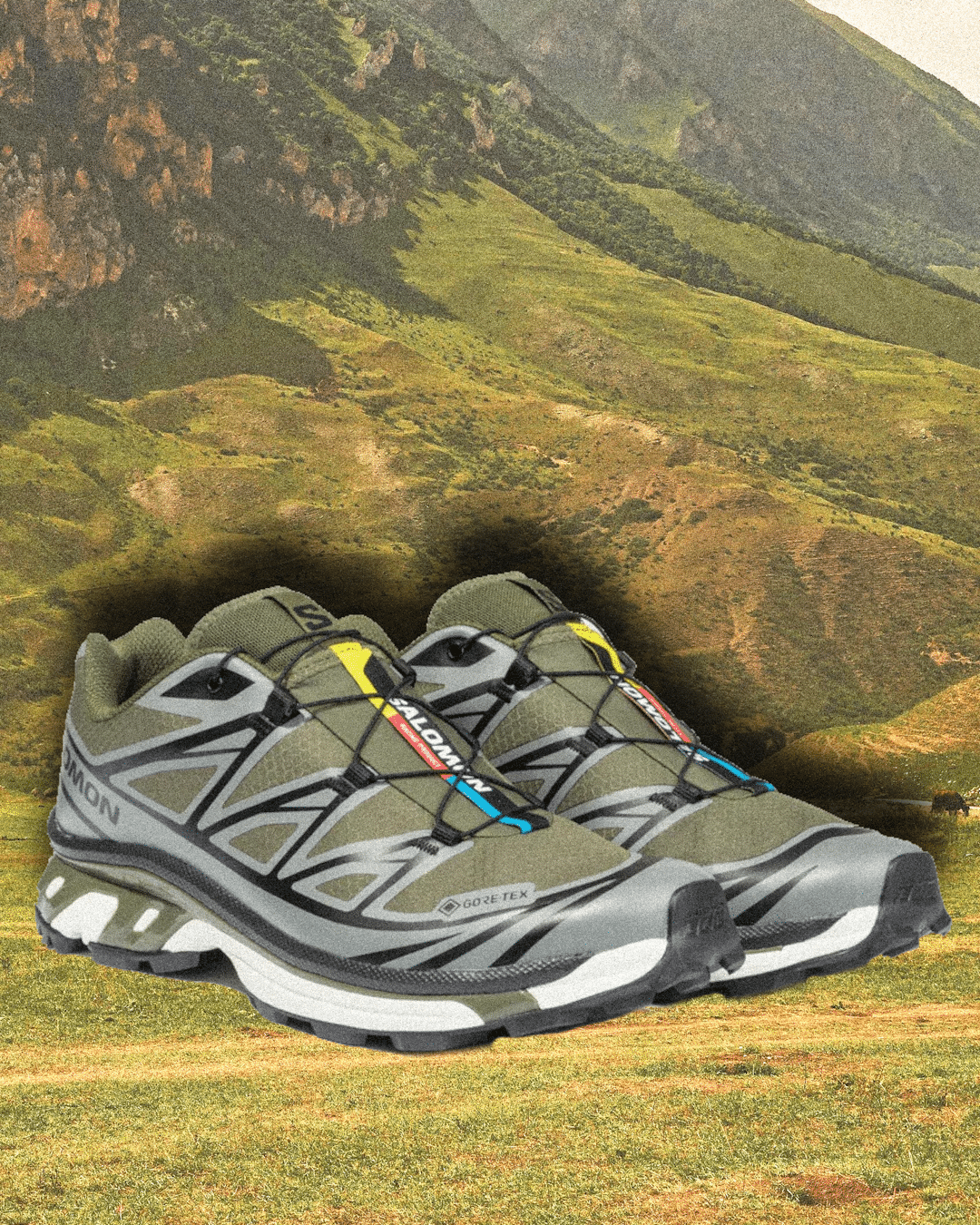 Olive green Salomon Gore-Tex trail shoes against a mountain backdrop.