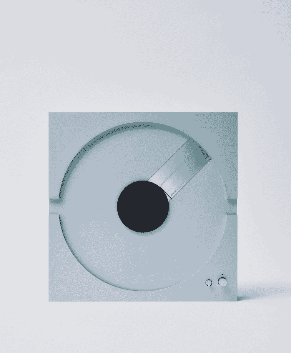 A minimalist light blue turntable with a black vinyl record against a white background.