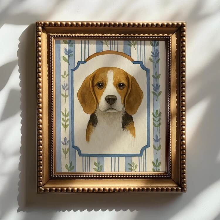 A custom watercolor pet portrait in a clean, minimalist style.