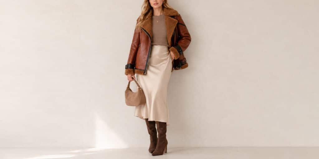 A woman in a cognac suede jacket and dark wash flare jeans standing in an urban setting.