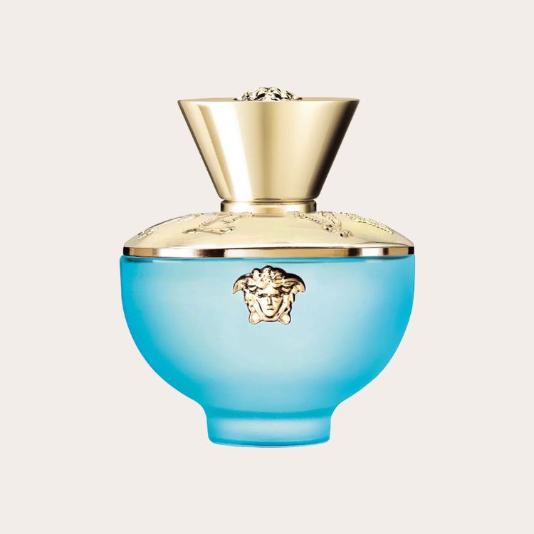 Versace Dylan Turquoise Pour Femme Eau de Toilette in a vibrant blue and gold bottle.