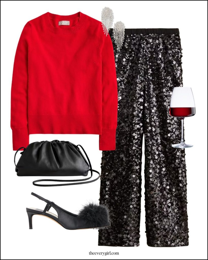 A holiday-ready outfit featuring a vibrant red sweater and shimmering sequin pants.