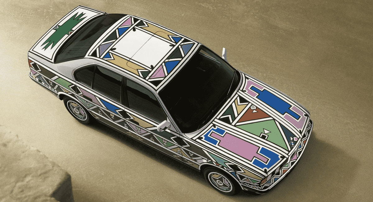 BMW 525i featuring vibrant geometric Ndebele patterns by South African artist Esther Mahlangu.