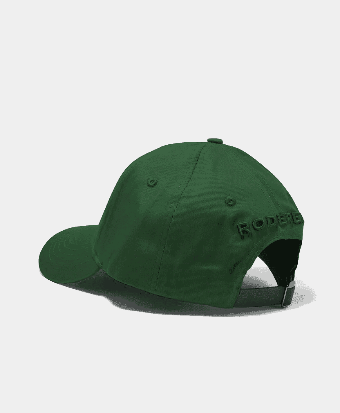Side-rear view of a dark green RODERER baseball cap with 3D embroidered logo.