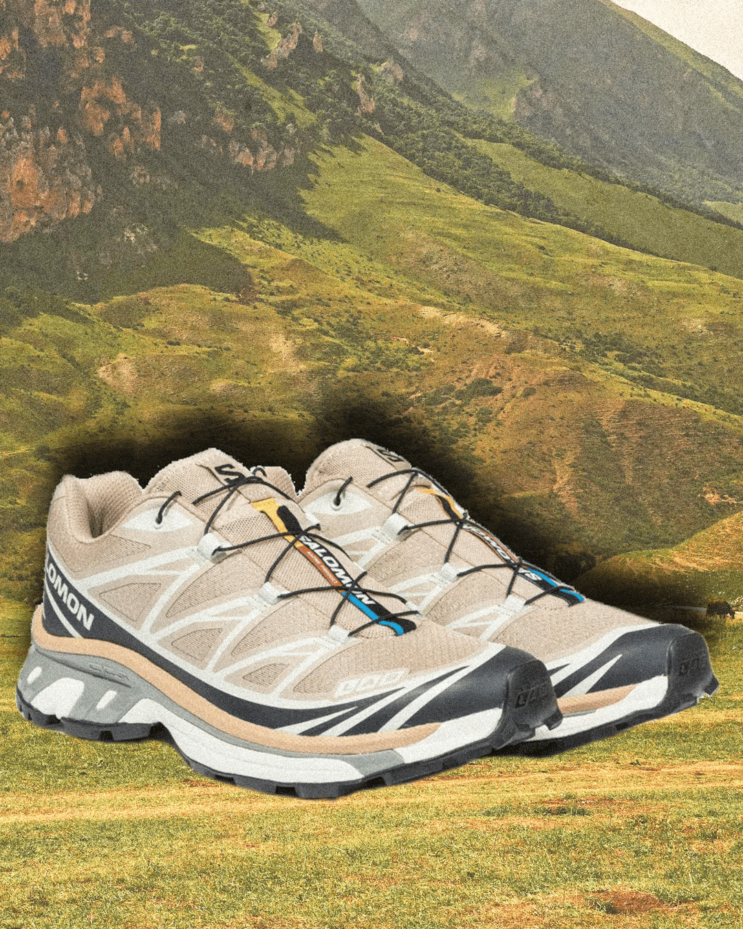 Beige and blue Salomon XT-6 Expanse trail shoes.