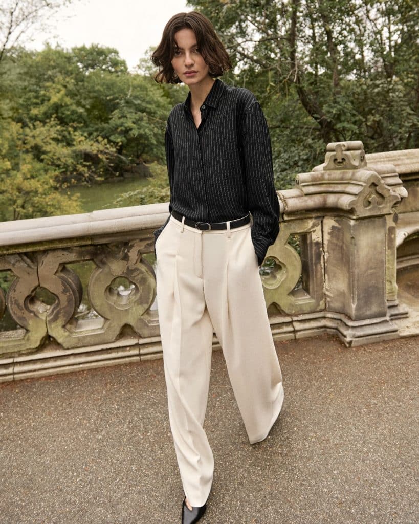 Sleek monochrome office-to-dinner tailored outfit from Theory.