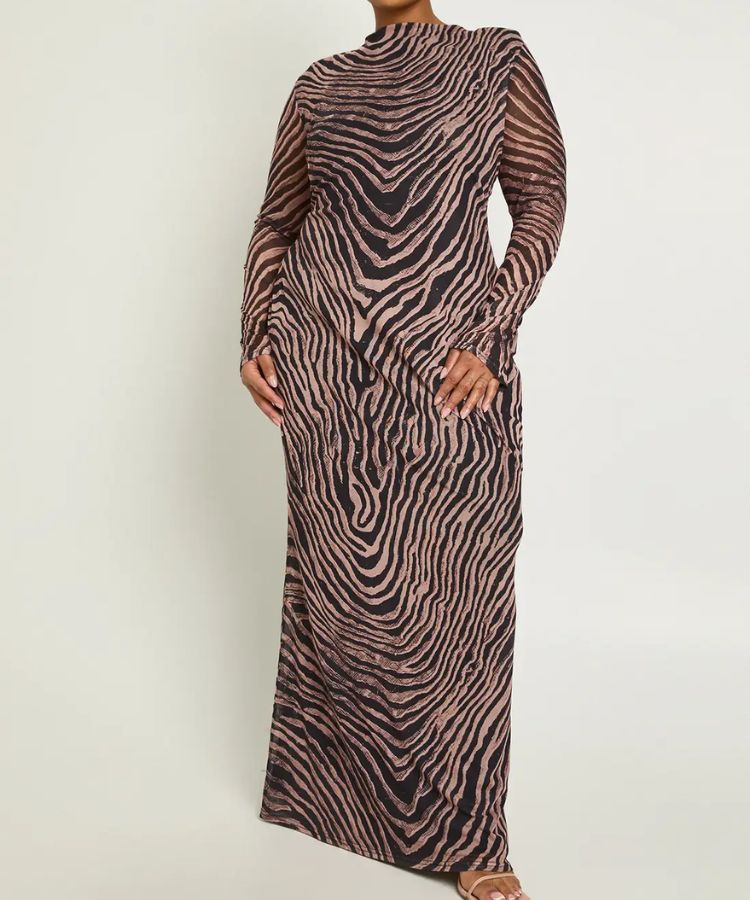 Nasty Gal zebra-print midaxi dress with shoulder pads.