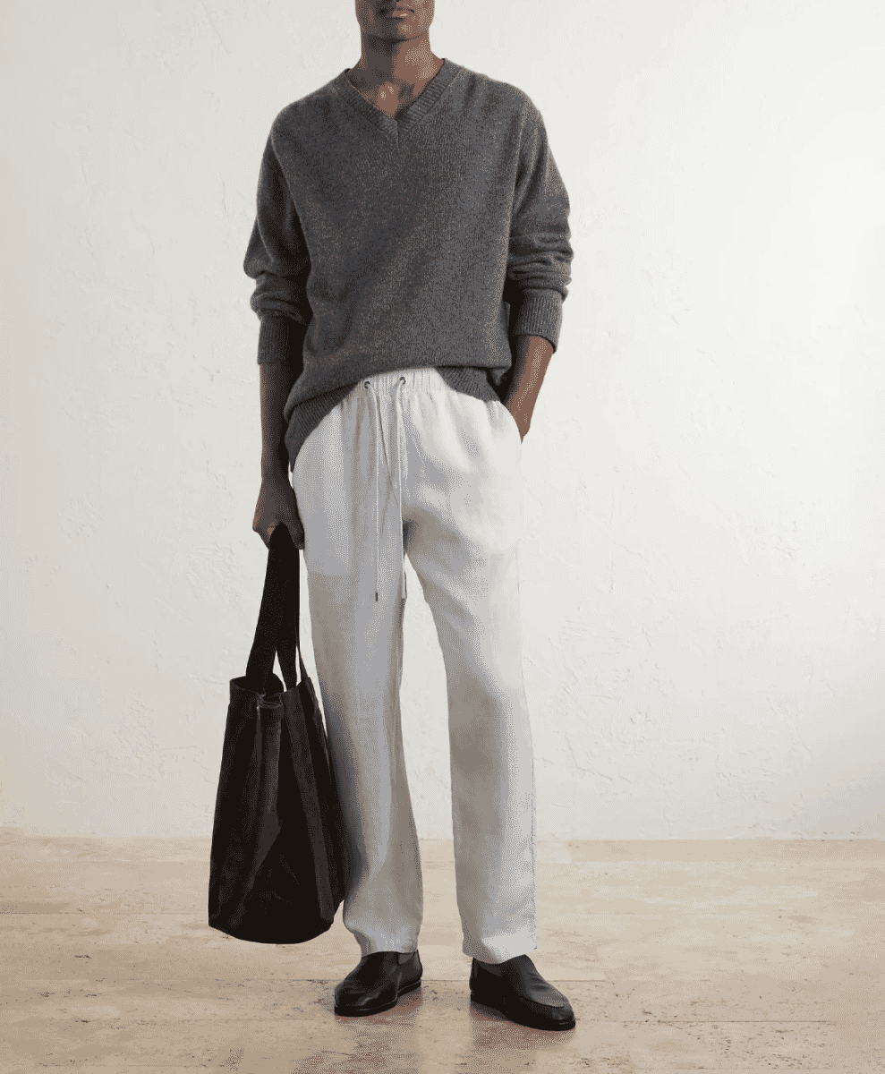 James Perse drawstring straight-leg linen trousers in a soft, garment-dyed finish