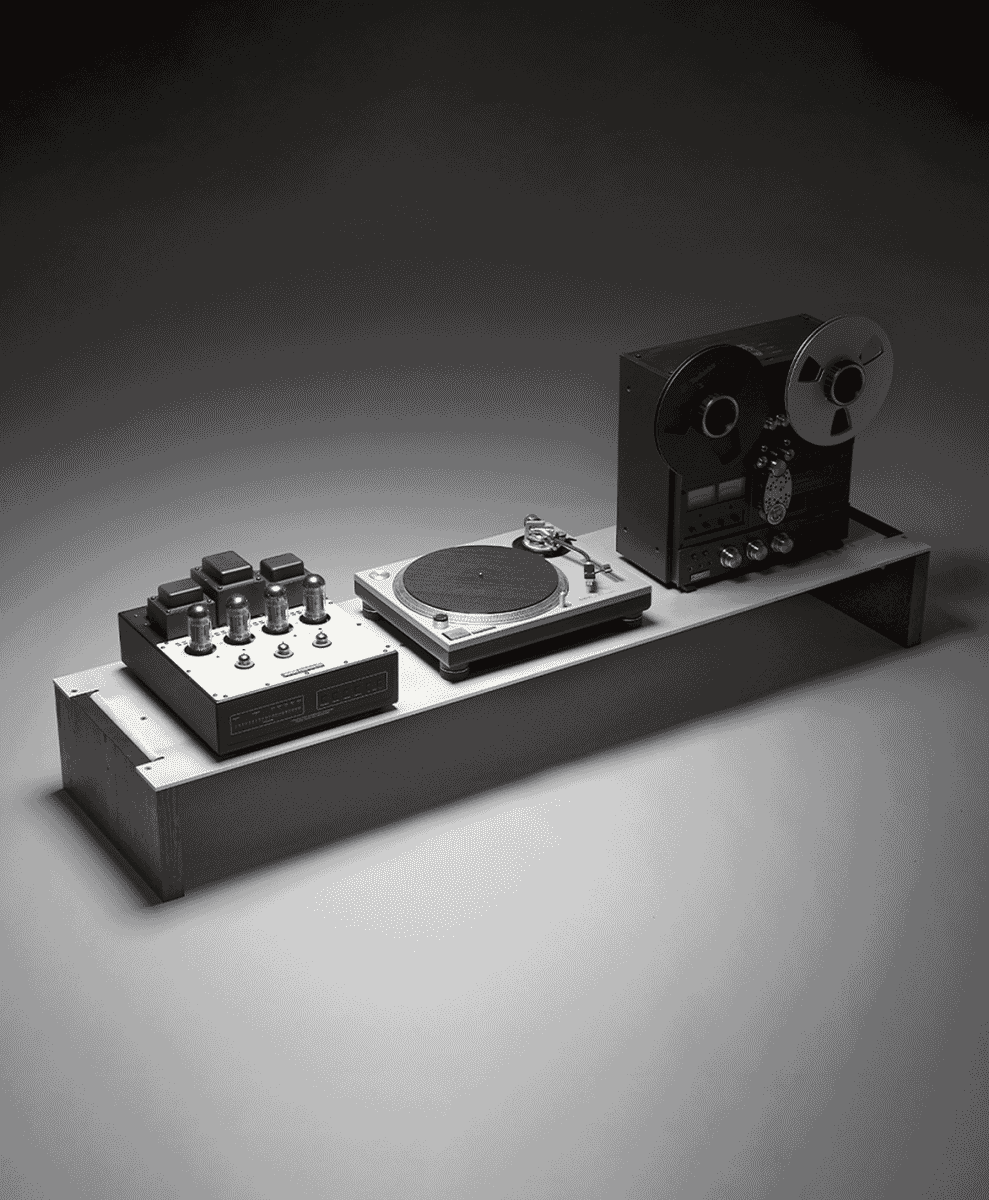 Black and white studio shot of a turntable and tube amplifier on a wooden platform.