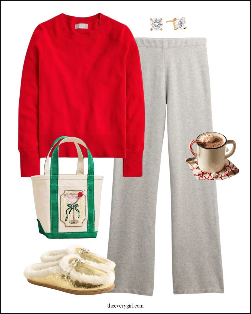 A full tonal look featuring a red sweater and matching red knit trousers.