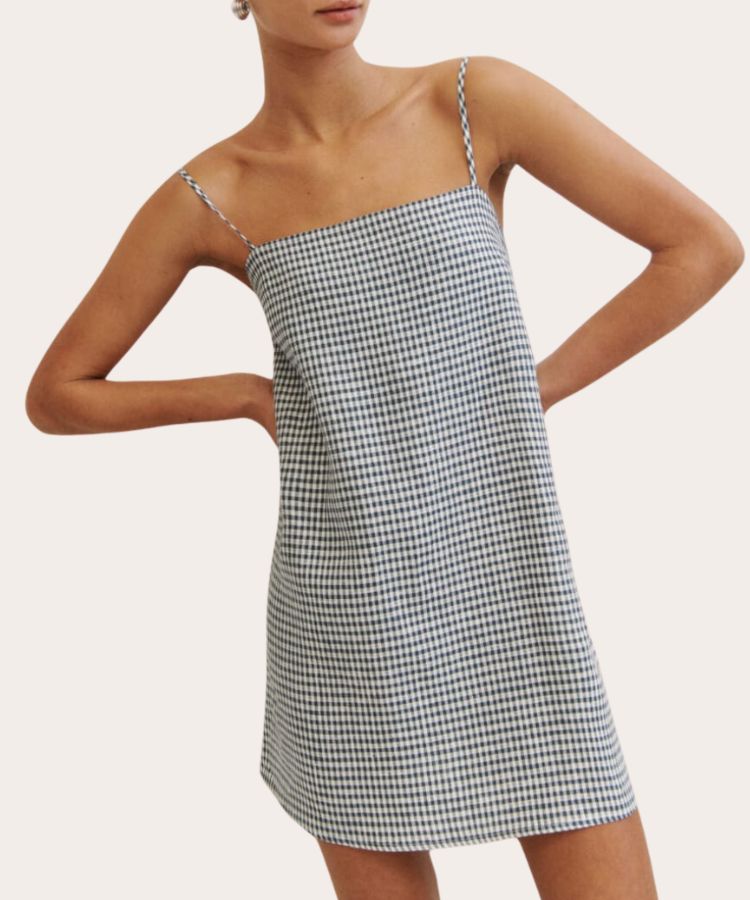 A gingham linen dress from Reformation.