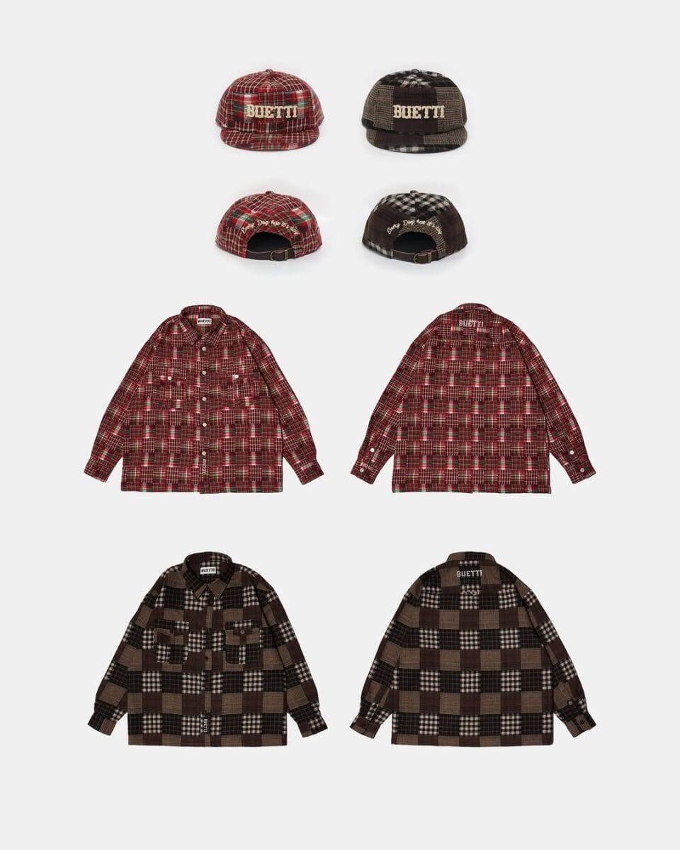 Flat-lay of plaid shirts and matching BUETTI baseball caps.