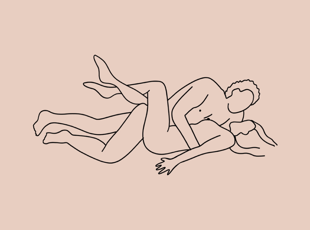 Illustration of a missionary position variation using a pillow for elevation.