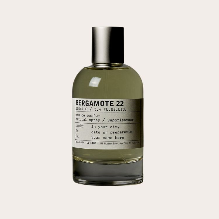 Minimalist glass bottle of Le Labo Bergamote 22 with silver cap.