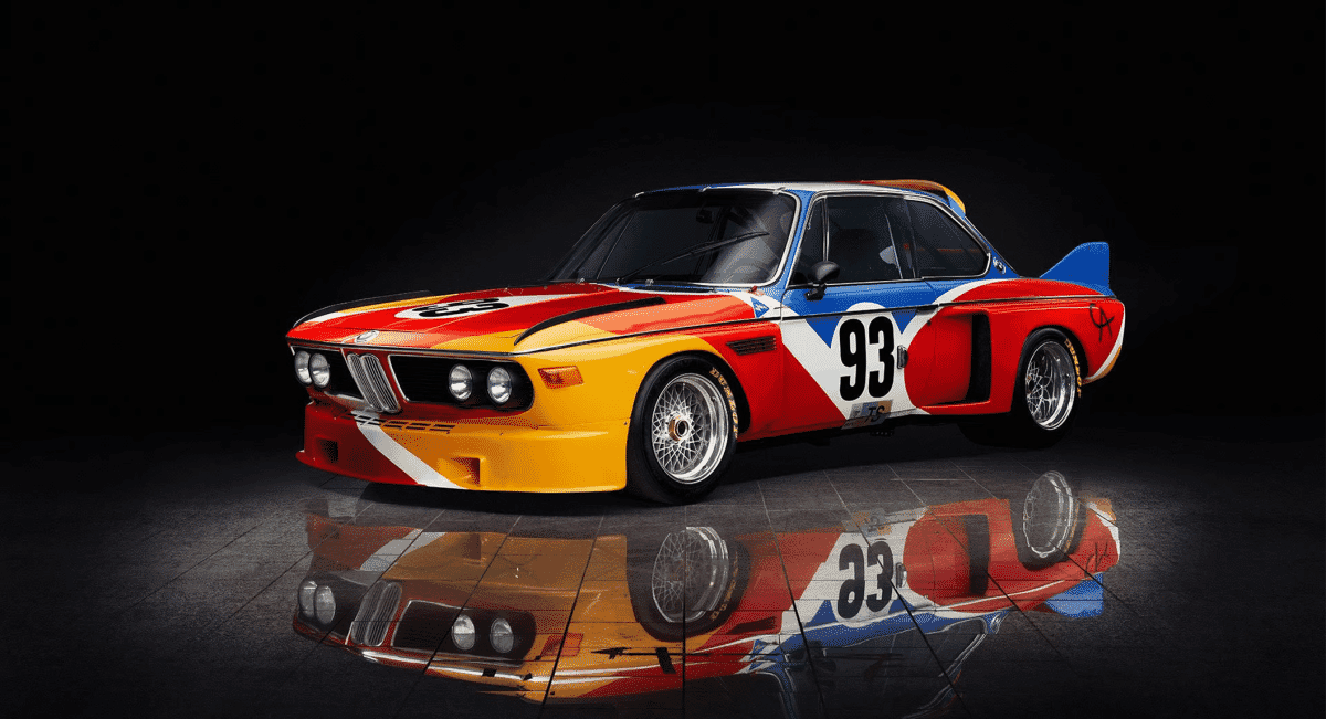 The 1975 BMW 3.0 CSL designed by Alexander Calder featuring primary colors and bold shapes.