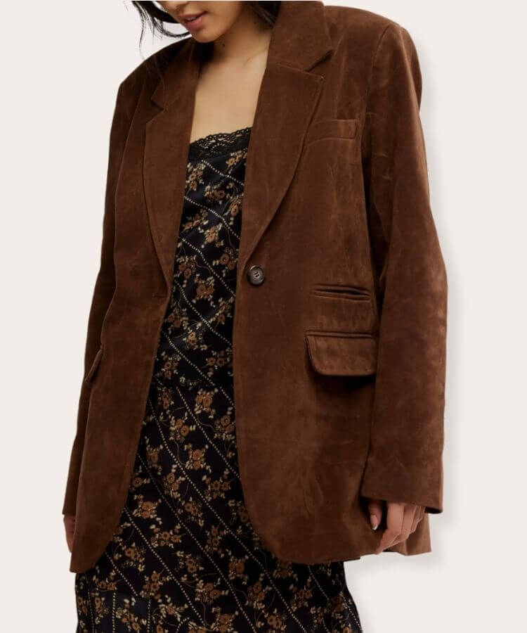 A Free People faux-suede blazer in a classic tan color.