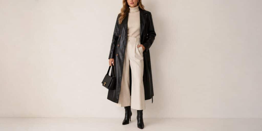An oversized black leather trench coat worn as a statement piece over minimalist basics.