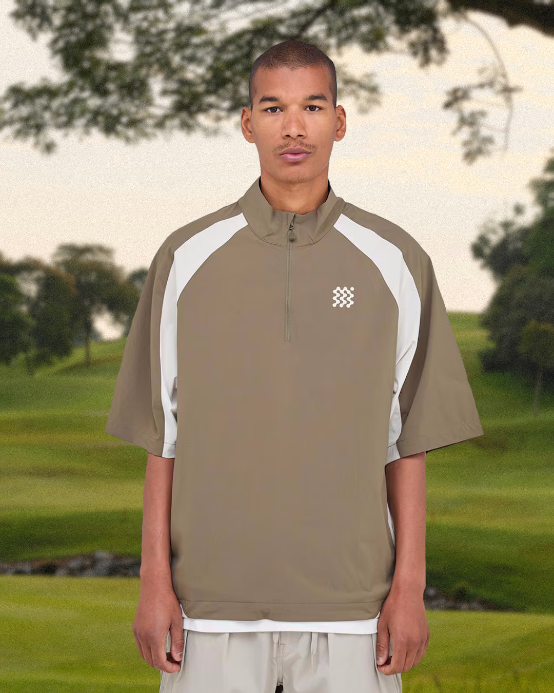 Profile view of 90s-style baggy golf pants.