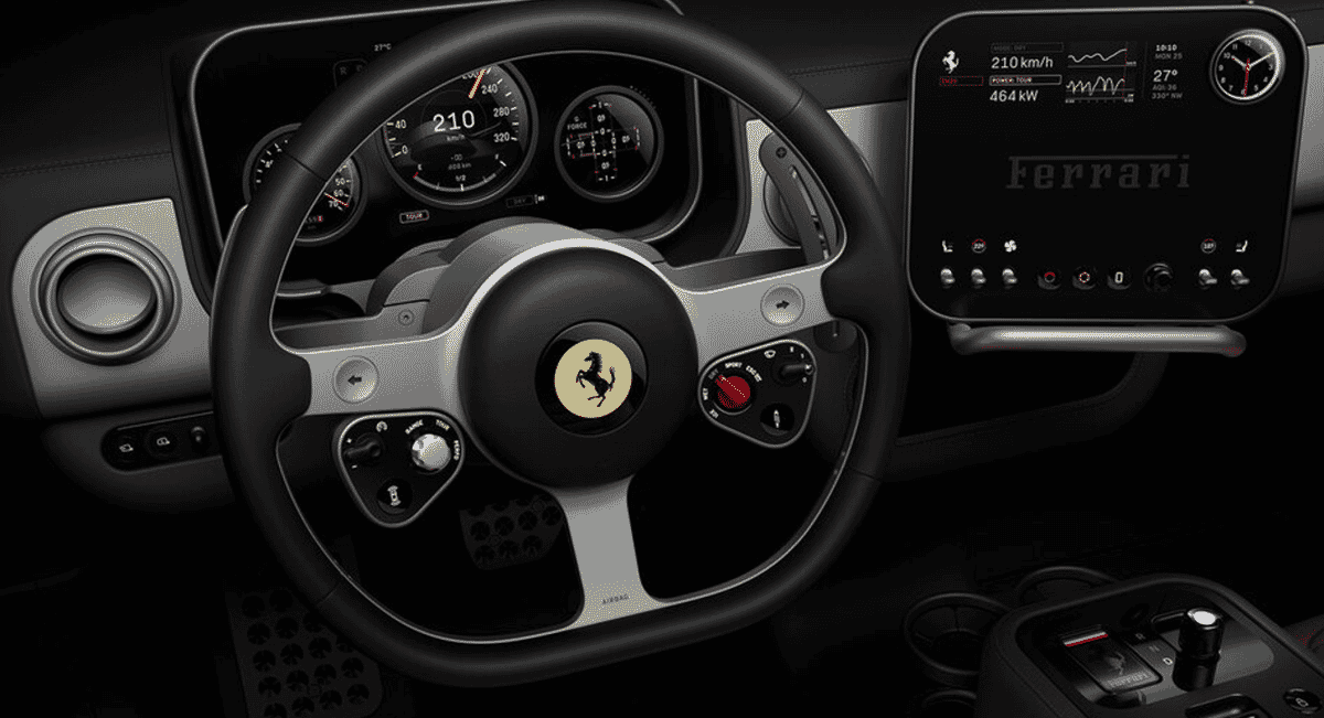 Close-up of the Ferrari Luce 10.2-inch pivoting OLED dashboard screen and integrated palm rest.