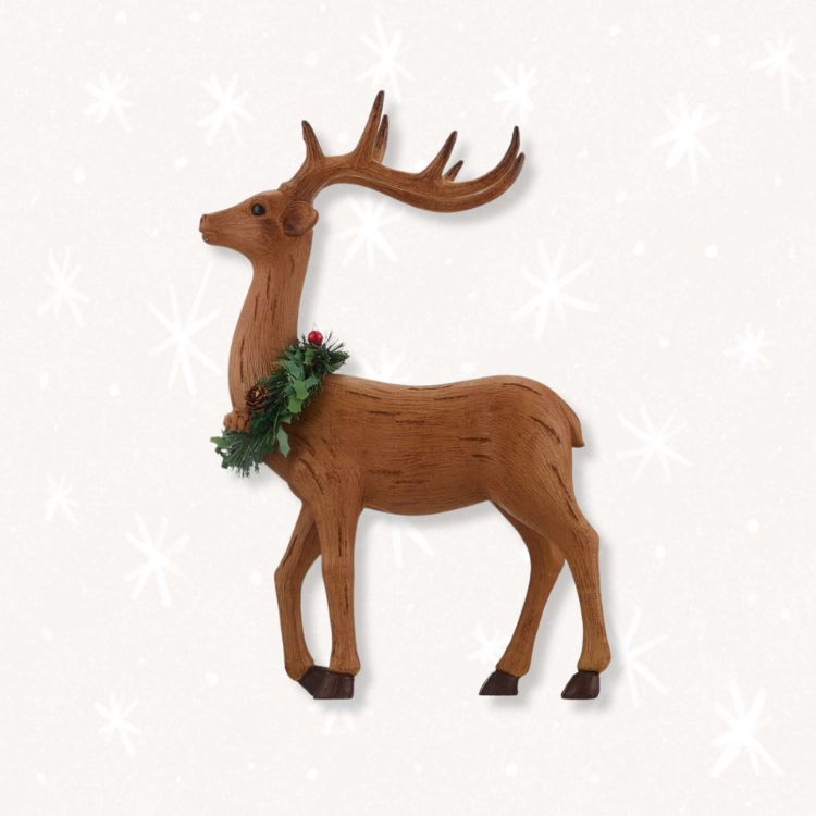 A minimalist wooden reindeer decoration.